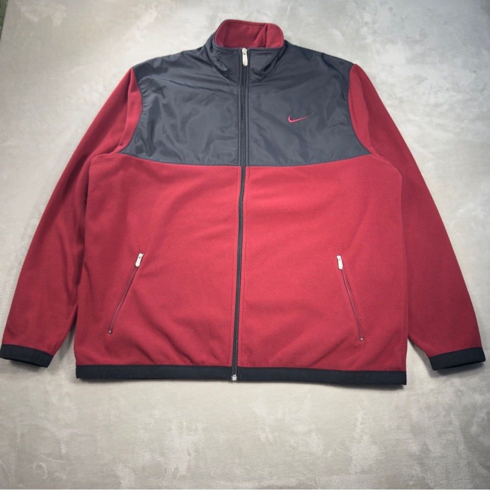 Y2K Nike Fleece Jacket Men's Sz 2XL Red Black Full Zip Travis Scott Mini Swoosh - Picture 1 of 11